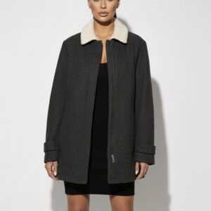 INC Sherpa Wool Parka Coat Large Dark Gray Long Thick Heavy Jacket Y2K Themed